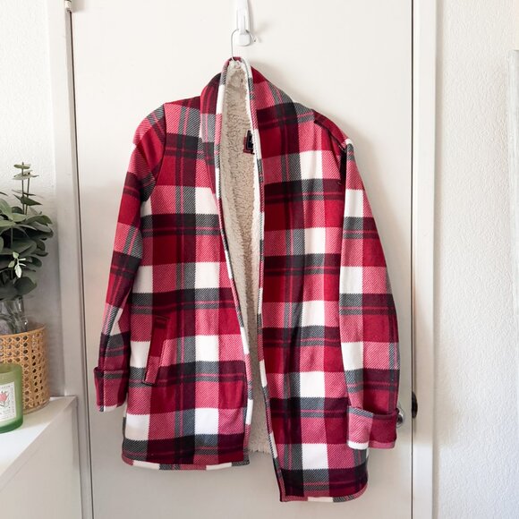 🦋 ABERCROMBIE & FITCH Red Plaid Flannel Sherpa Cardigan Open Front Cozy Casual - Picture 1 of 3